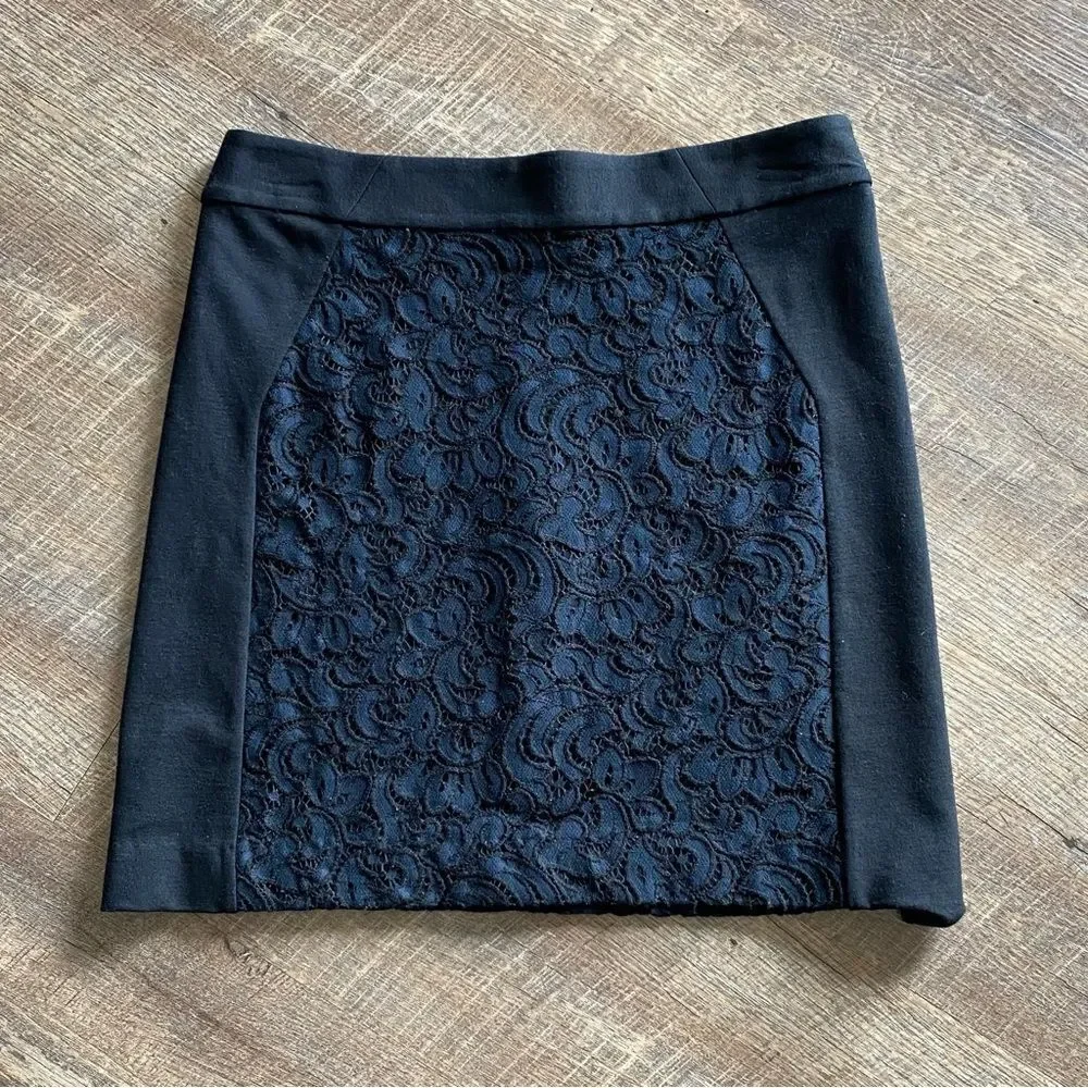 LOFT Skirt Black Navy Lace Overlay Small Stretch Office Academia